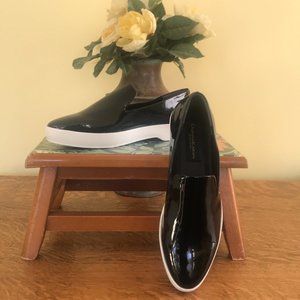 Donna Karan Pia Black Patent Leather High Shine Slip On Sneakers 8 NWOT